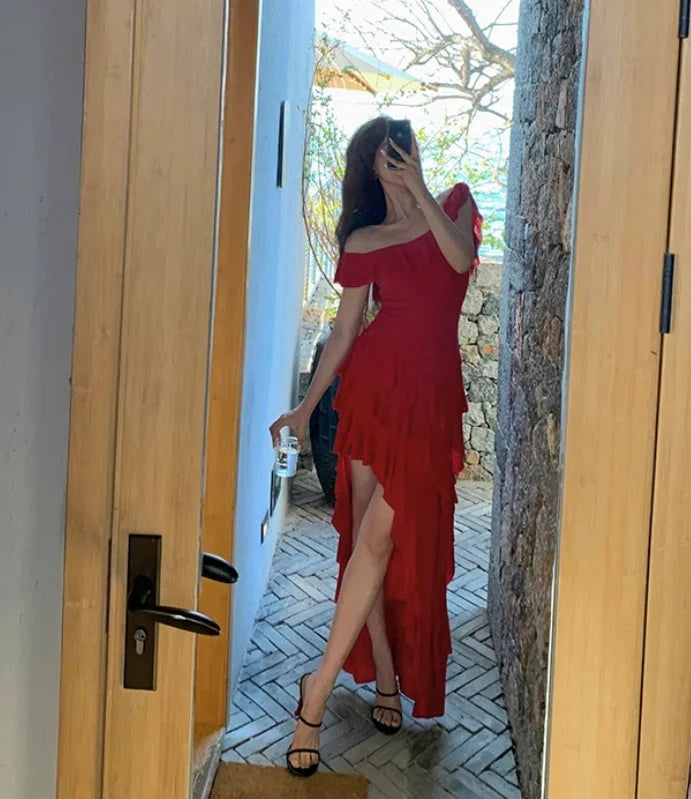 Red Sheath Off-the-Shoulder High-Low Prom Dress