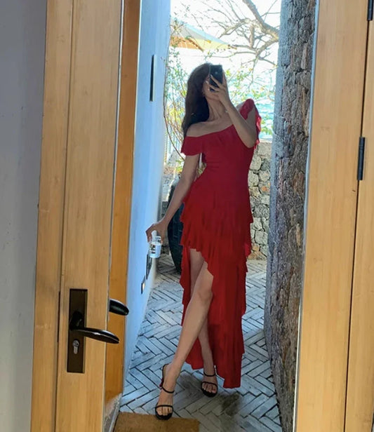 Elegant Red A-Line Off-the-Shoulder Classic-Sleeve Classic-Back Floor-Length Prom Dress