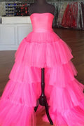 Pink Strapless Ruffled Neon High-Low Party Dress