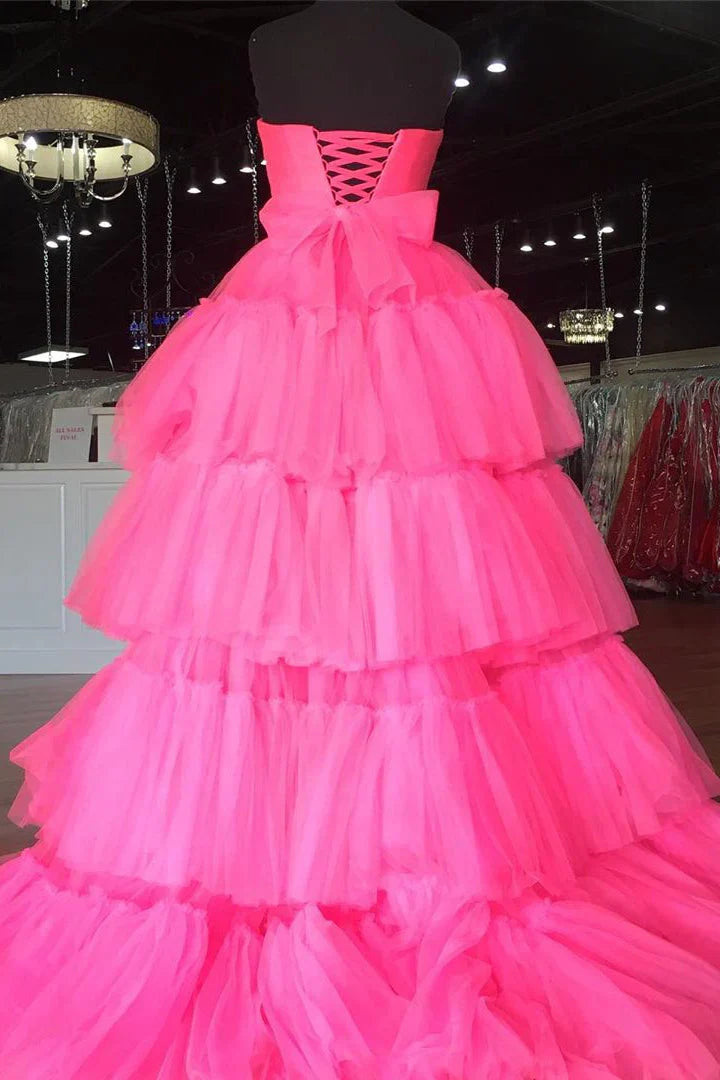 Pink Strapless Ruffled Neon High-Low Party Dress