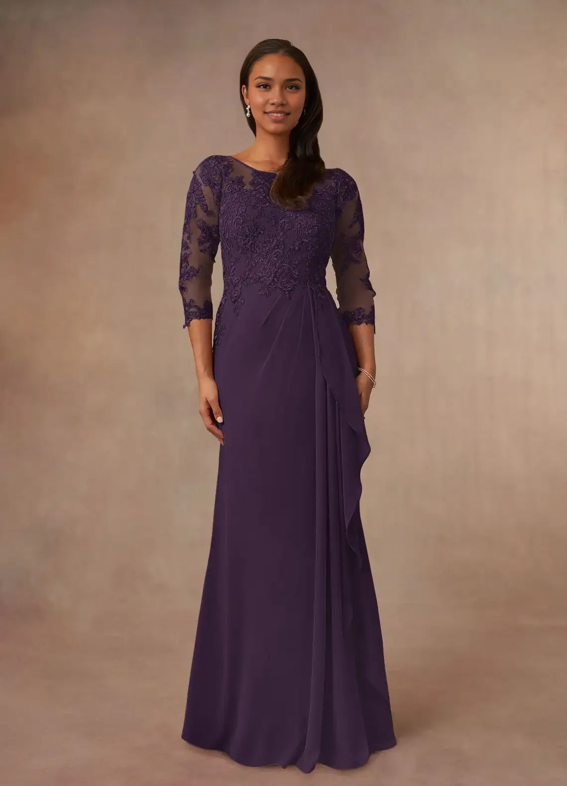 Sophisticated Graceful Elegant Champagne Chiffon A-Line Ruffle Mother of the Bride Dress