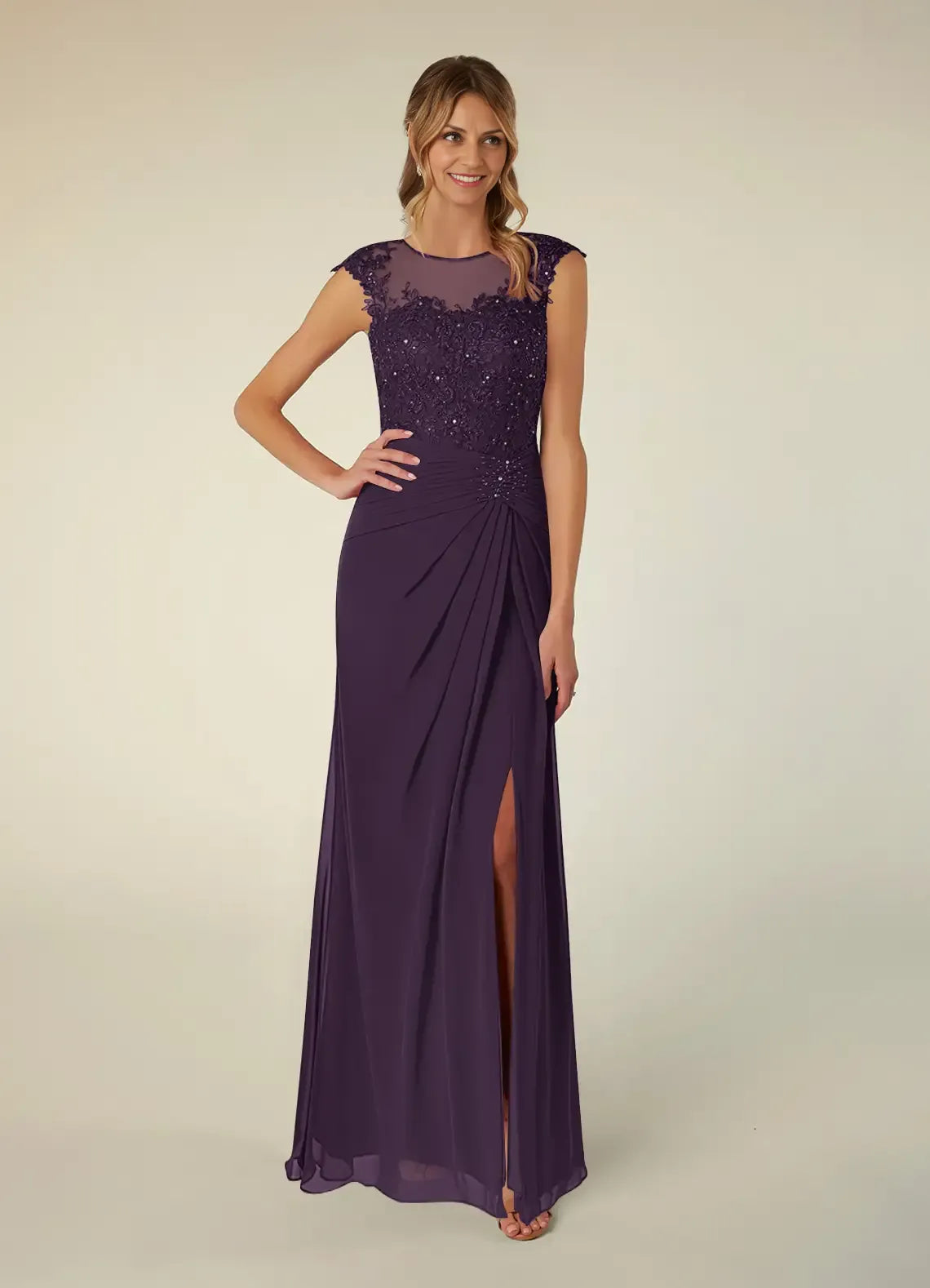 Sophisticated Graceful Stylish Elegant Black Chiffon A-Line Scoop Neck Slit Evening Dress