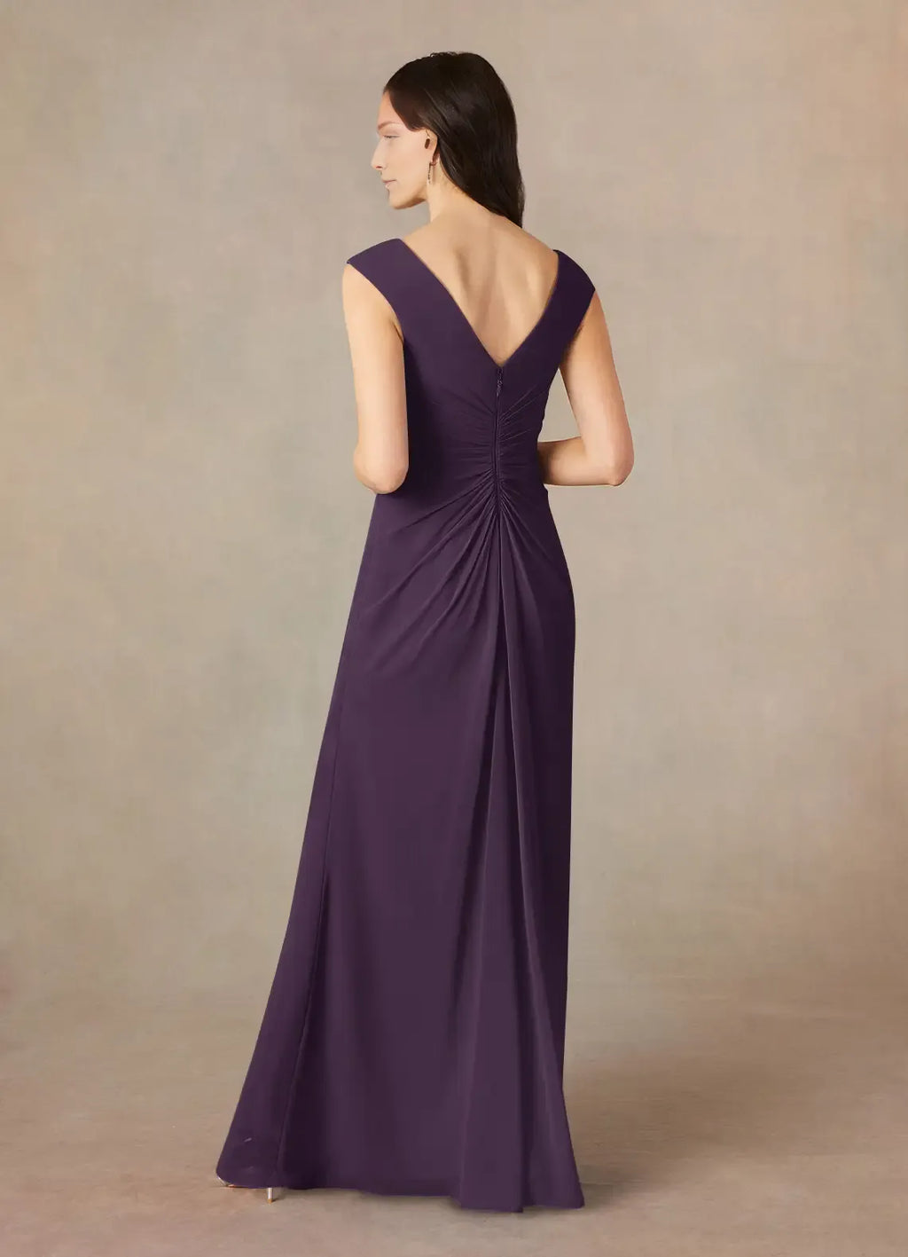 Plum A-Line V-Neck Pleated Mother of the Bride Dress with Sleeveless Design Ruched Waist Detailing and Side Slit
