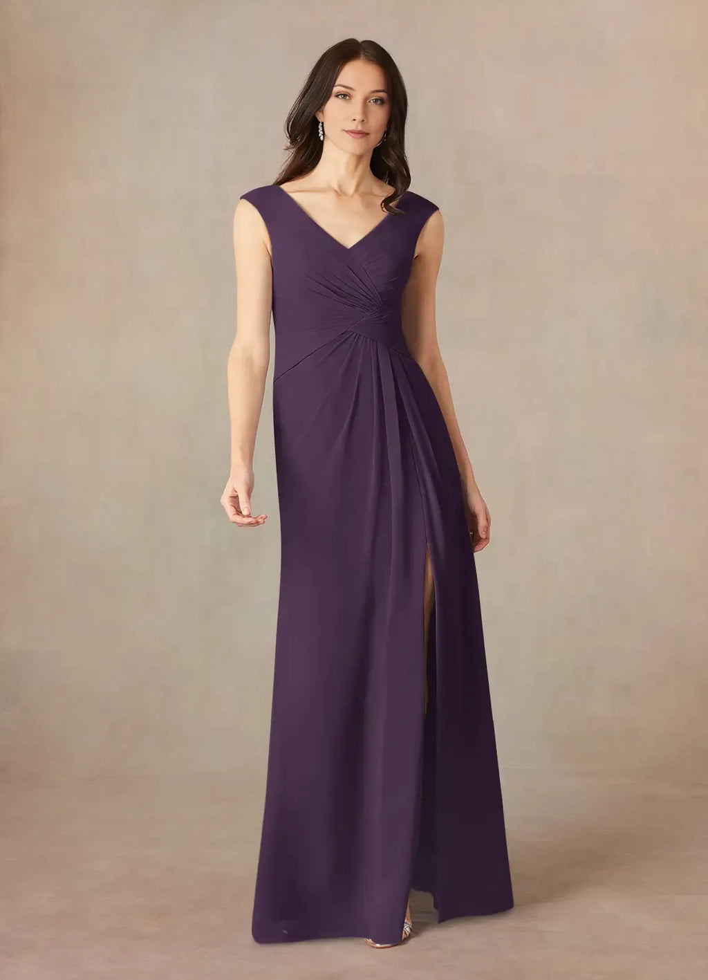 Plum A-Line V-Neck Pleated Mother of the Bride Dress with Sleeveless Design Ruched Waist Detailing and Side Slit