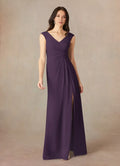 Plum A-Line V-Neck Pleated Mother of the Bride Dress with Sleeveless Design Ruched Waist Detailing and Side Slit
