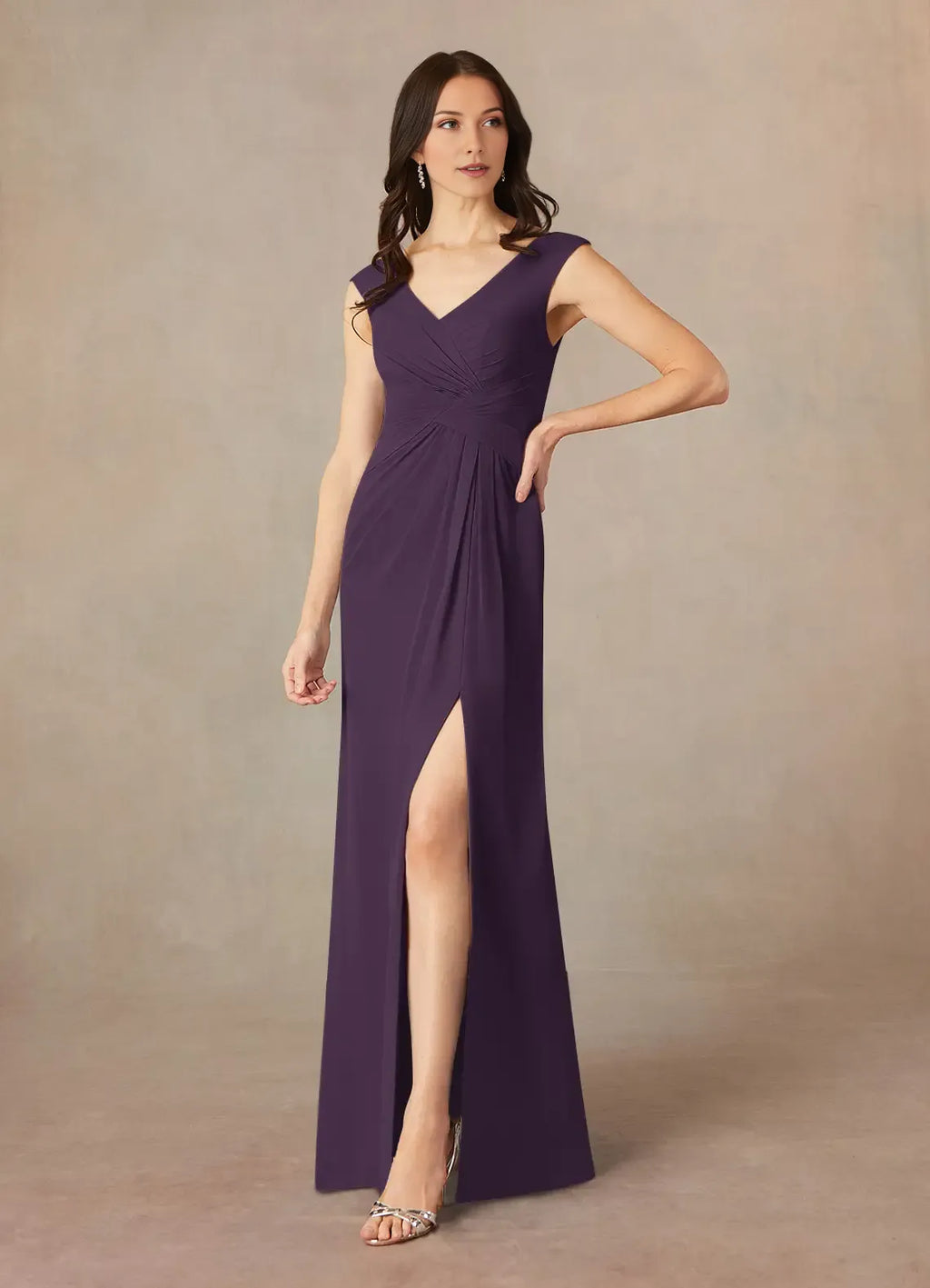 Plum A-Line V-Neck Pleated Mother of the Bride Dress with Sleeveless Design Ruched Waist Detailing and Side Slit
