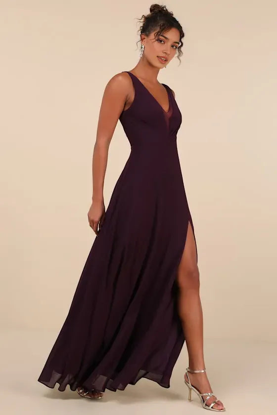 Plum Prom Dress with Illusion V-Neck Sleeveless Design High-Thigh Slit Flowy Floor-Length Skirt Perfect for Formal Galas