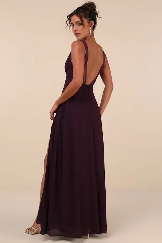 Plum Prom Dress with Illusion V-Neck Sleeveless Design High-Thigh Slit Flowy Floor-Length Skirt Perfect for Formal Galas