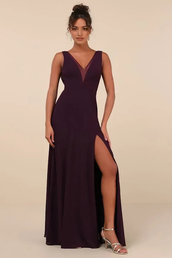 Plum Prom Dress with Illusion V-Neck Sleeveless Design High-Thigh Slit Flowy Floor-Length Skirt Perfect for Formal Galas