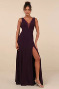 Plum Prom Dress with Illusion V-Neck Sleeveless Design High-Thigh Slit Flowy Floor-Length Skirt Perfect for Formal Galas