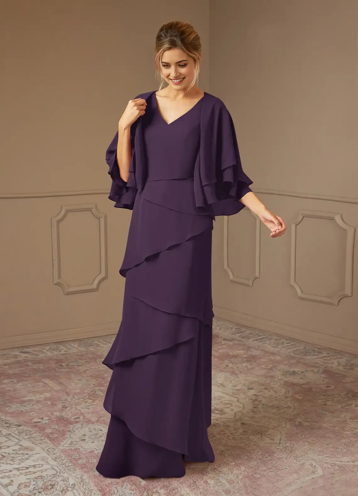 Plum Formal A-Line V-Neck Mother of the Bride Dresses Fluttering Ruffle Sleeves and Asymmetric Ruffled Skirt