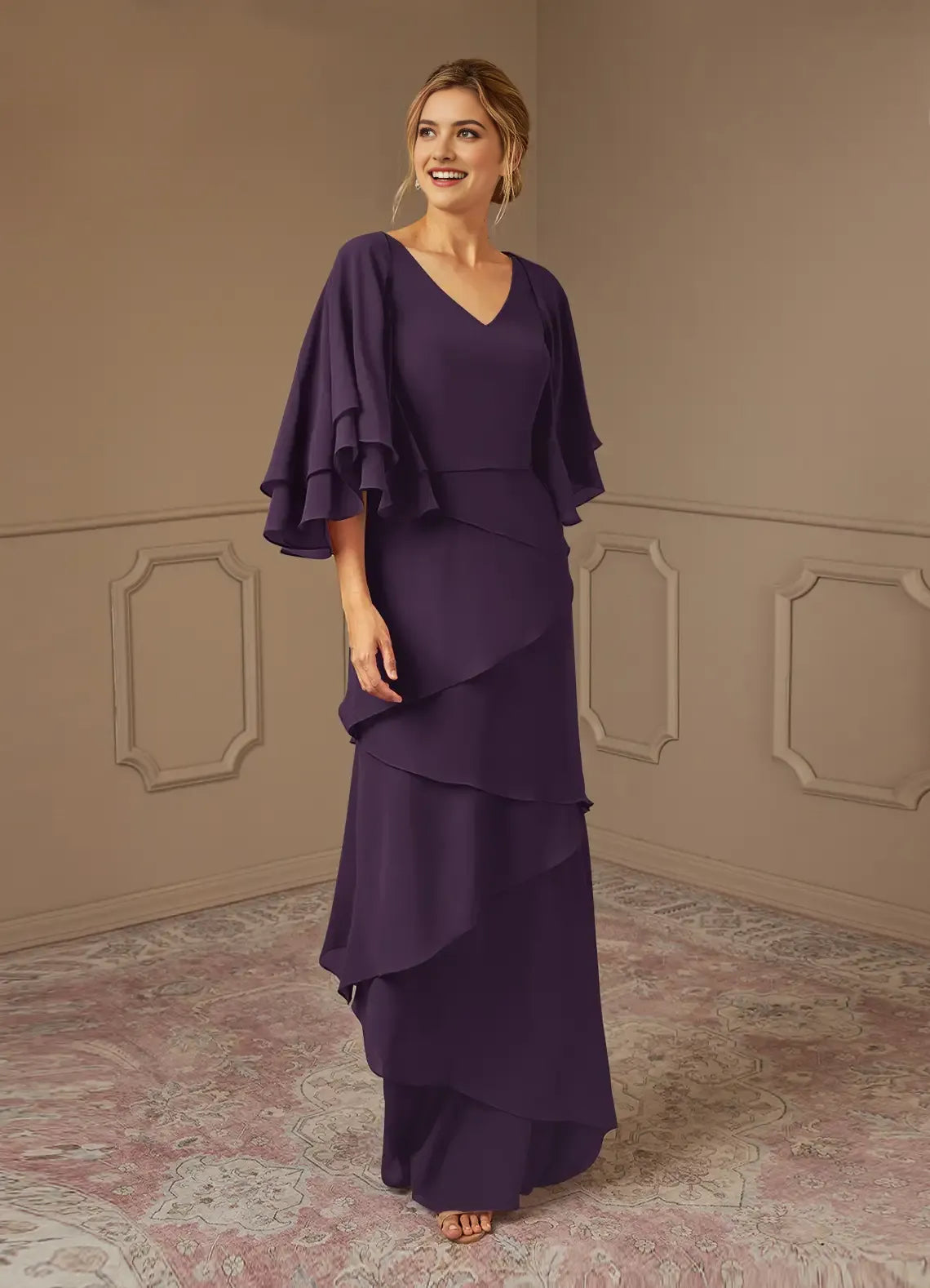 Plum Formal A-Line V-Neck Mother of the Bride Dresses Fluttering Ruffle Sleeves and Asymmetric Ruffled Skirt