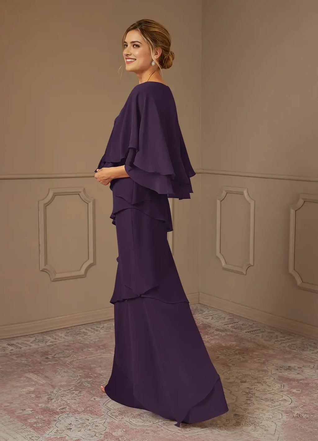 Plum Formal A-Line V-Neck Mother of the Bride Dresses Fluttering Ruffle Sleeves and Asymmetric Ruffled Skirt