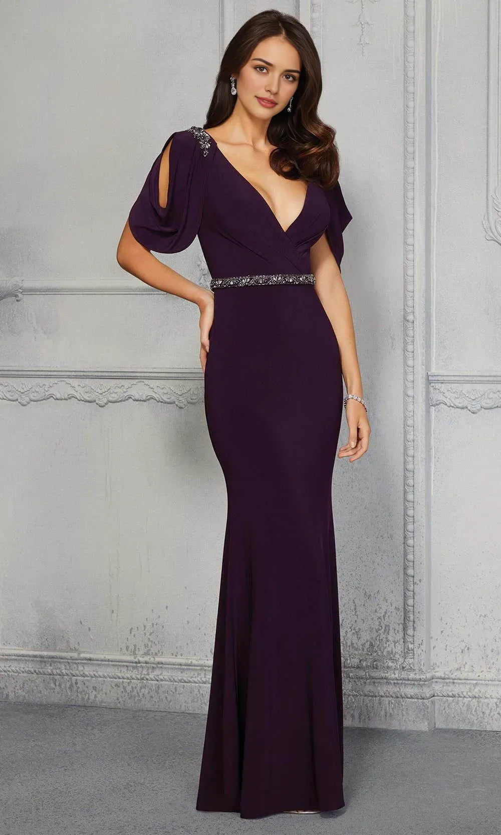 Purple Purple Evening Dress with Deep V - Neckline Cold - Shoulder Draped Sleeves Embellishments and Mermaid Silhouette