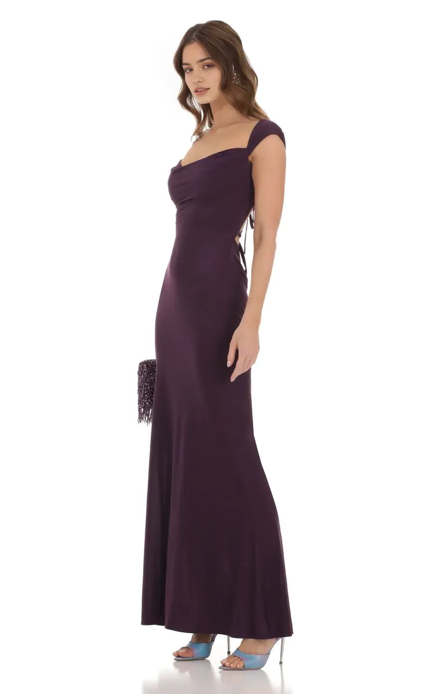 Purple Purple Off Shoulder Prom Dress with Cowl Neckline Cap Sleeves Bodycon Fit Floor Length Hem A Timeless Elegance for Unforgettable