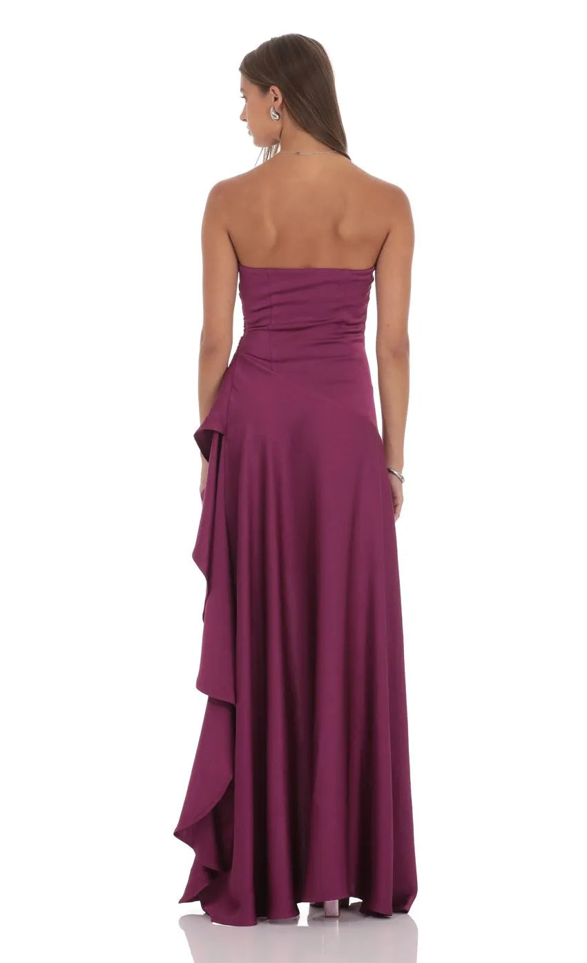 Plum Strapless Prom Dress with Asymmetric Ruffle Hem Side Ruche Detail and High Low Silhouette Perfect for Formal Galas