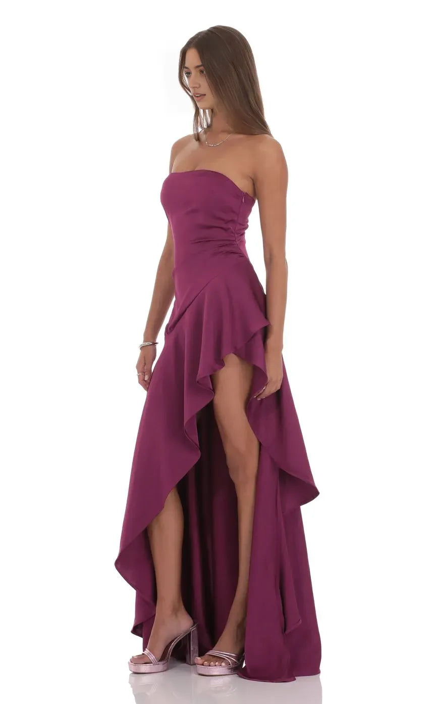 Plum Strapless Prom Dress with Asymmetric Ruffle Hem Side Ruche Detail and High Low Silhouette Perfect for Formal Galas