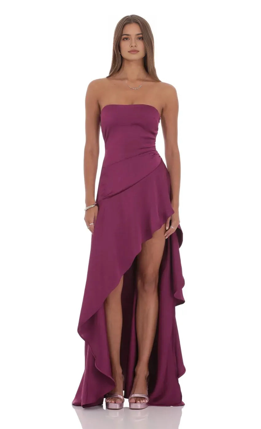 Plum Strapless Prom Dress with Asymmetric Ruffle Hem Side Ruche Detail and High Low Silhouette Perfect for Formal Galas
