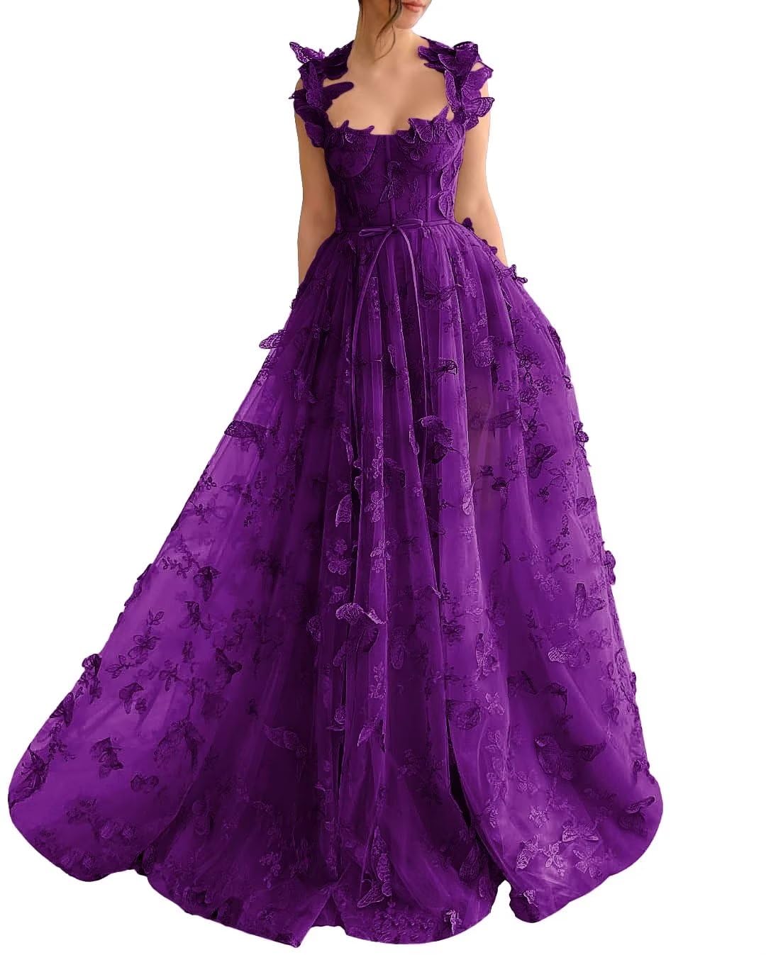 Long Prom Dress with 3D Butterflies Dress Ball Gown Evening Party Wedding Formal Dress Slit