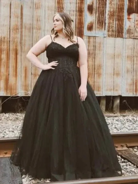 Black Plus Size A Line V Neck Corset Applique Long Prom Dress