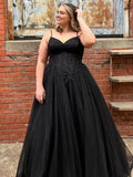 Black Plus Size A Line V Neck Corset Applique Long Prom Dress