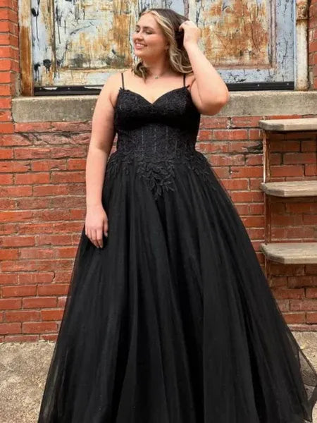 Black Plus Size A Line V Neck Corset Applique Long Prom Dress