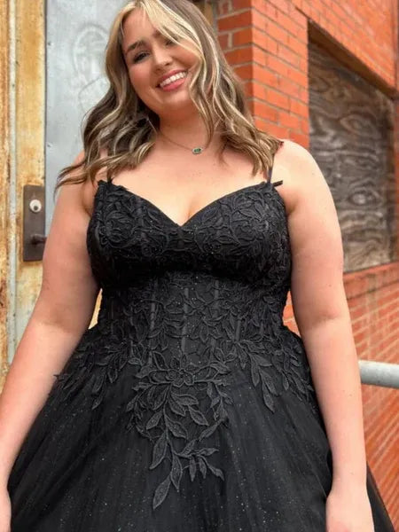 Black Plus Size A Line V Neck Corset Applique Long Prom Dress