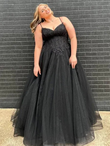Black Plus Size A Line V Neck Corset Applique Long Prom Dress