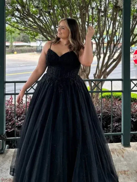 Black Plus Size A Line V Neck Corset Applique Long Prom Dress