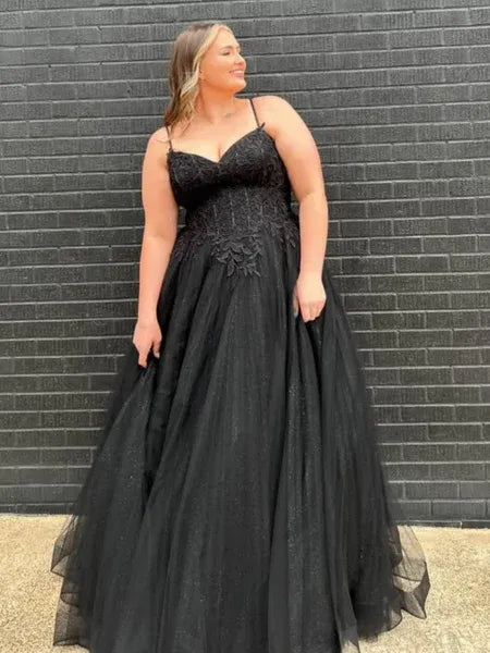 Black Plus Size A Line V Neck Corset Applique Long Prom Dress