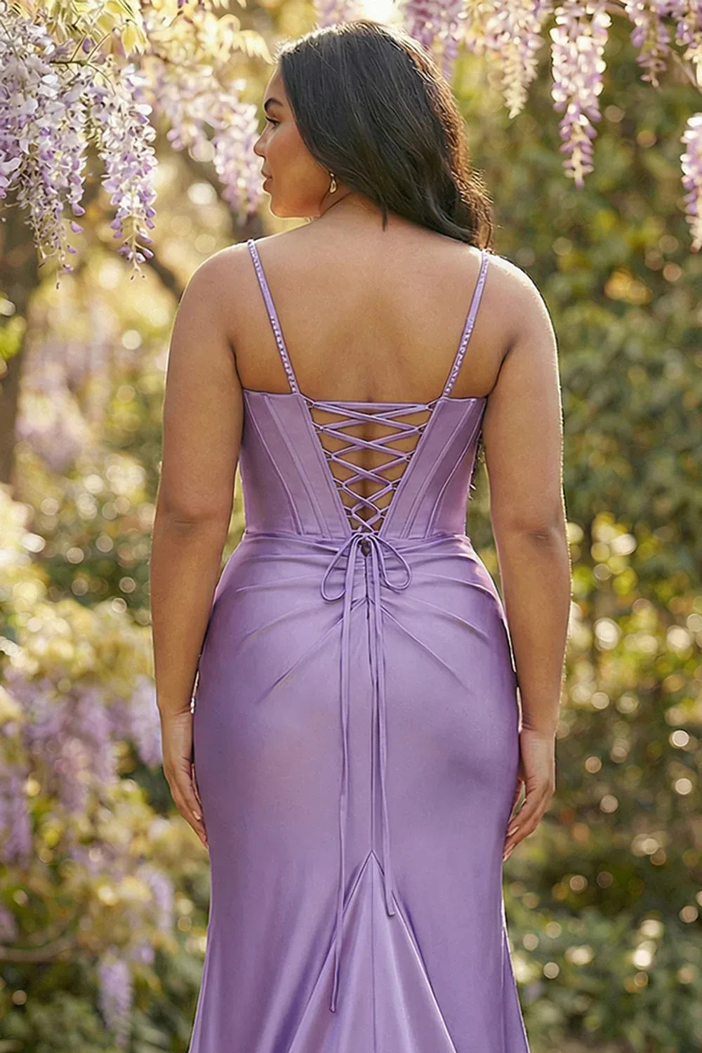 Lavender Plus Size Mermaid Spaghetti Straps Corset Beaded Pleated Slit Prom Dress