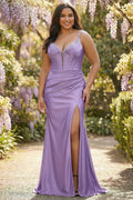 Lavender Plus Size Mermaid Spaghetti Straps Corset Beaded Pleated Slit Prom Dress