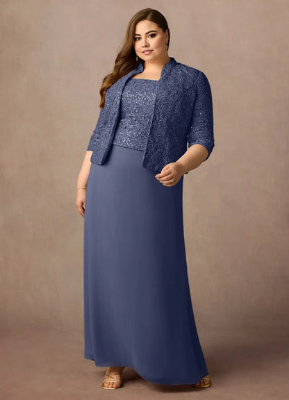 Elegant Red Chiffon Sheath Square Neck Floor-Length Mother of the Bride Dress