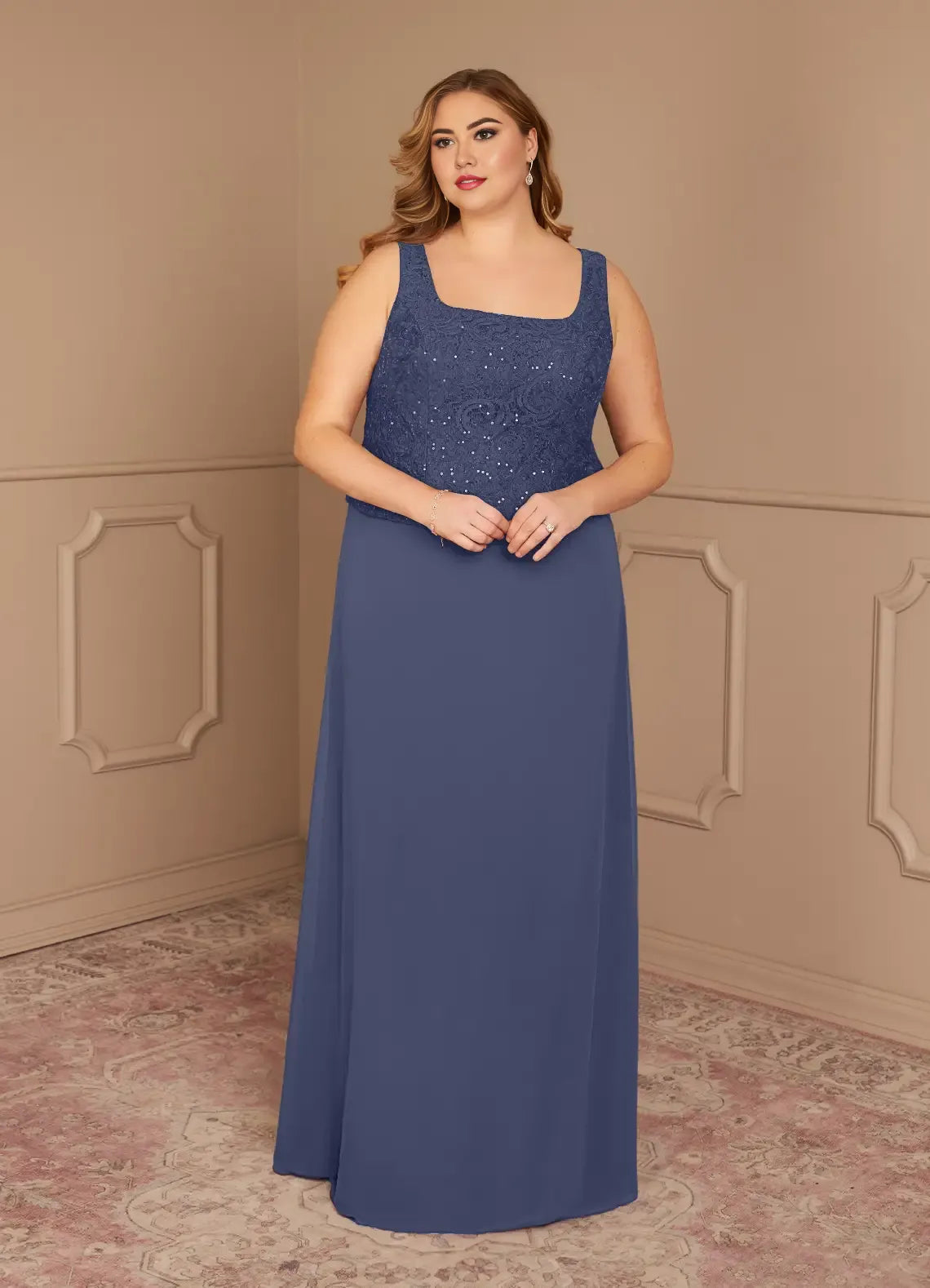 Elegant Red Chiffon Sheath Square Neck Floor-Length Mother of the Bride Dress