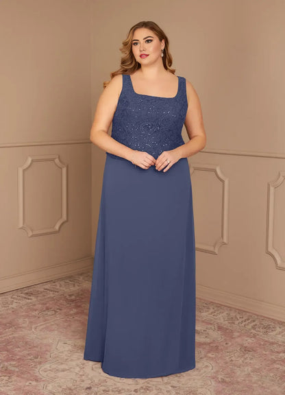Elegant Red Chiffon Sheath Square Neck Floor-Length Mother of the Bride Dress