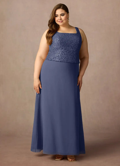 Elegant Red Chiffon Sheath Square Neck Floor-Length Mother of the Bride Dress