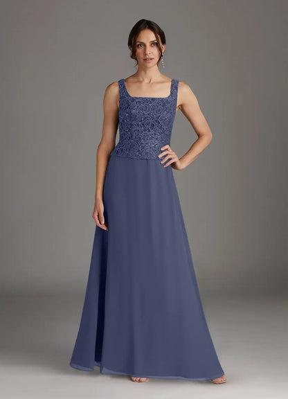 Elegant Red Chiffon Sheath Square Neck Floor-Length Mother of the Bride Dress