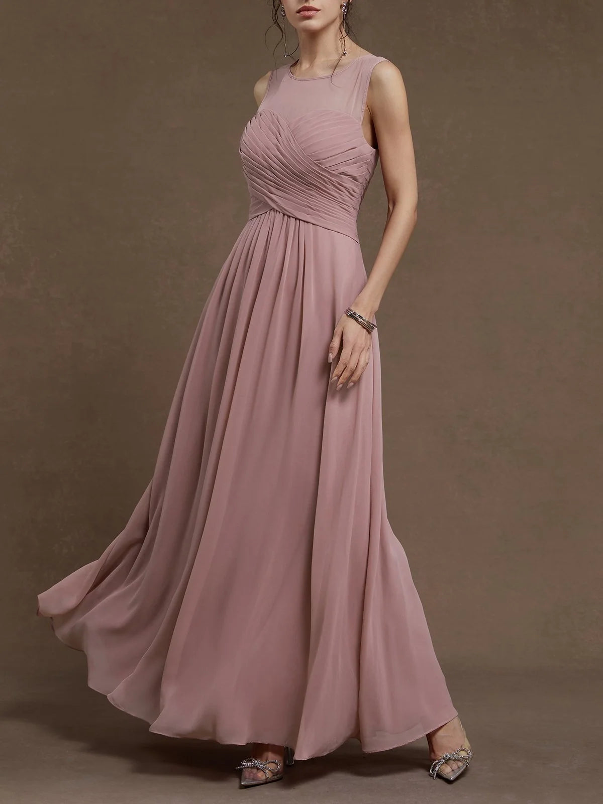 Refined Beautiful Timeless Elegant Dusty Rose Chiffon A-Line Sleeveless Floor-Length Prom Dress