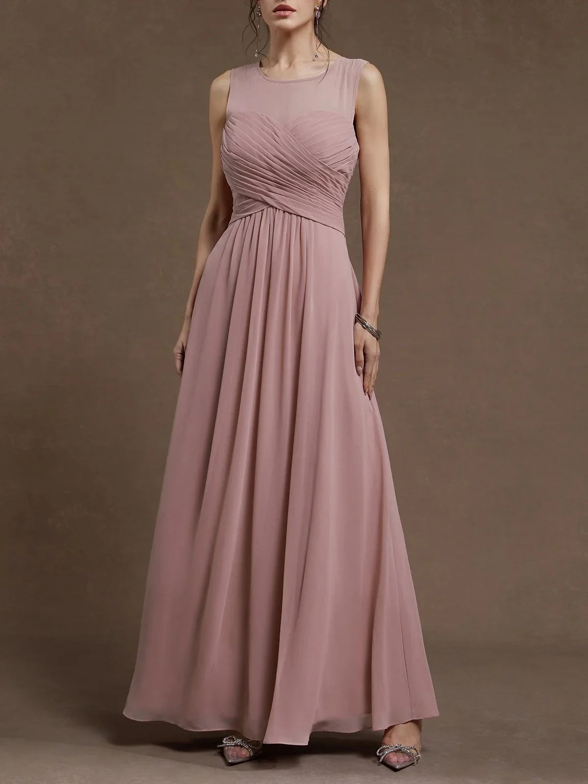 Refined Beautiful Timeless Elegant Dusty Rose Chiffon A-Line Sleeveless Floor-Length Prom Dress