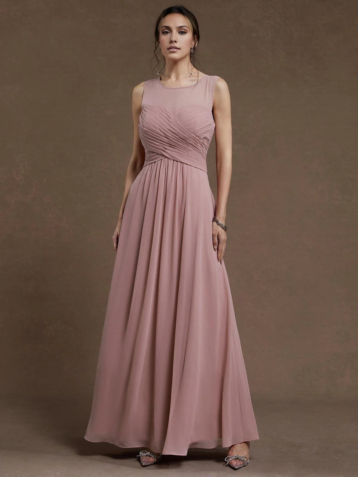 Refined Beautiful Timeless Elegant Dusty Rose Chiffon A-Line Sleeveless Floor-Length Prom Dress