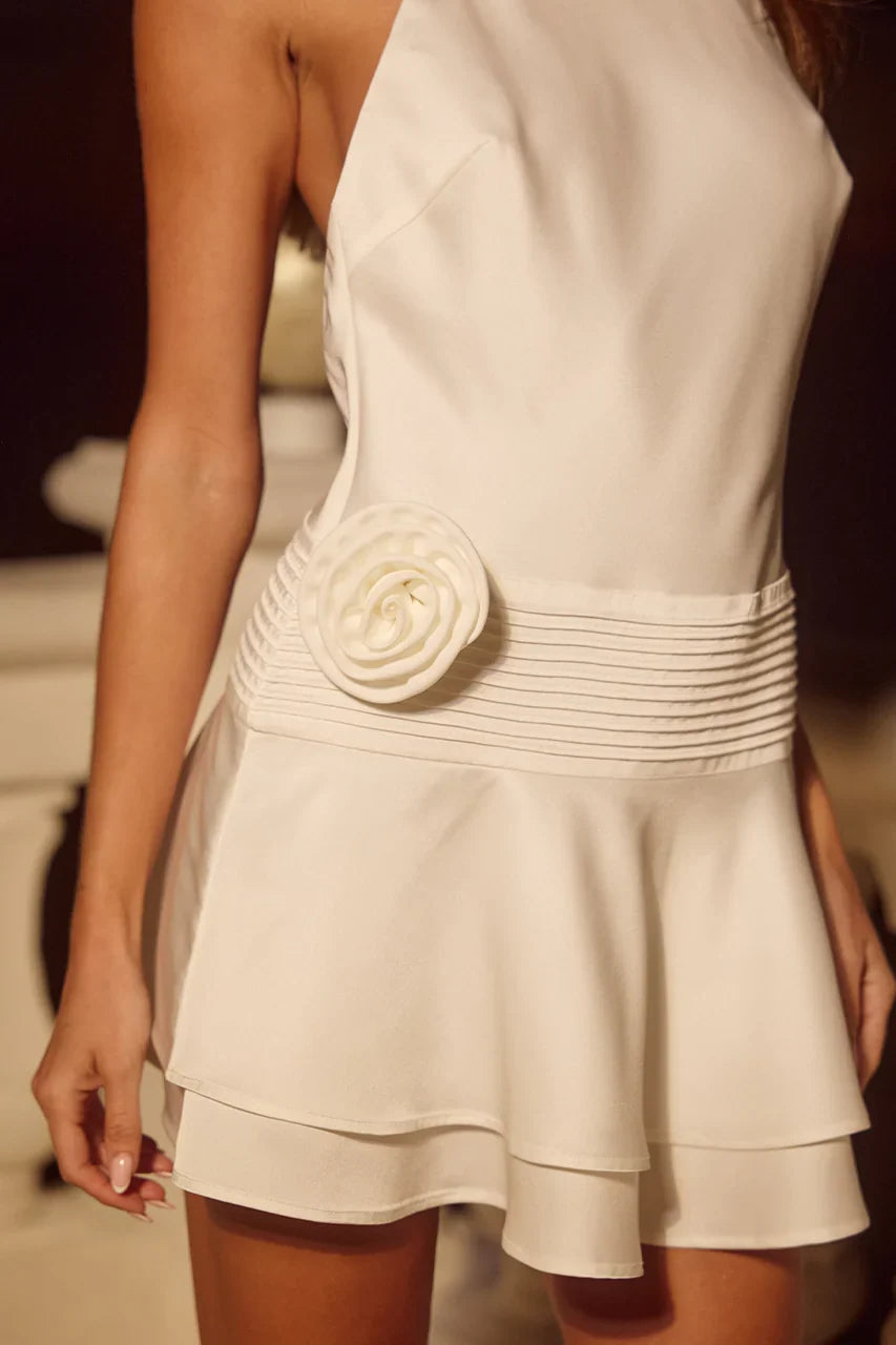 Special Occasion Sophisticated Graceful Elegant Ivory Satin A-Line Halter Sleeveless Mini Homecoming Dress