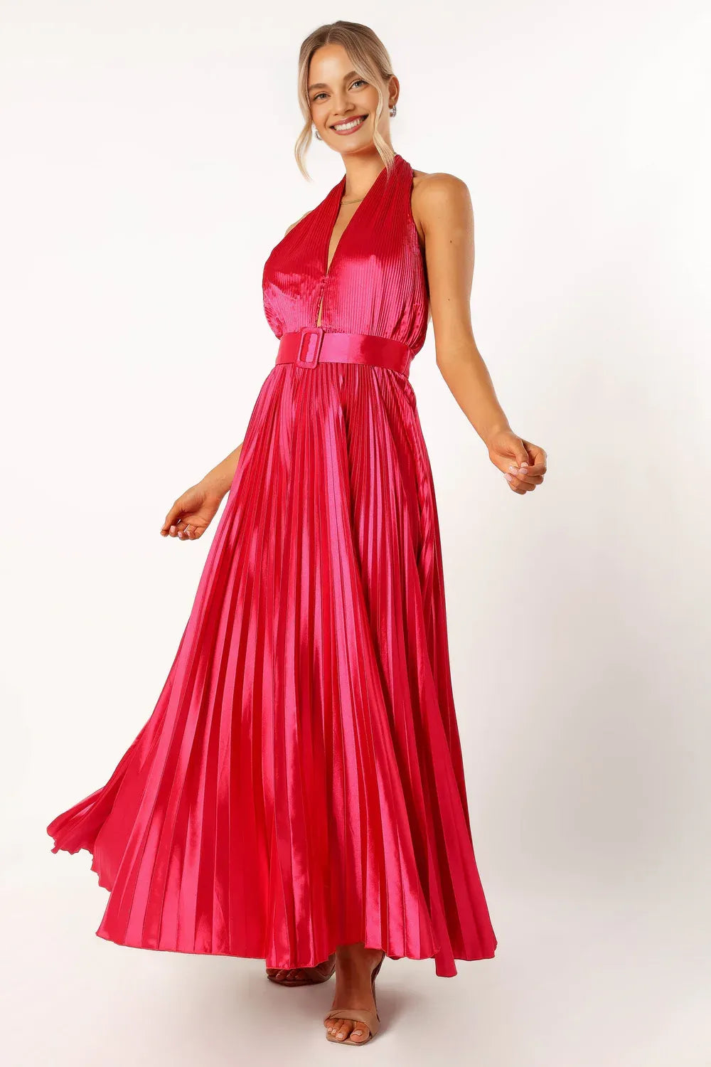 Refined Beautiful Timeless Elegant Red Satin A-Line Halter Sleeveless Floor-Length Prom Dress