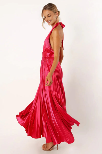 Refined Beautiful Timeless Elegant Red Satin A-Line Halter Sleeveless Floor-Length Prom Dress