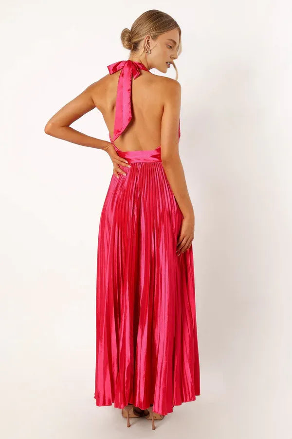 Refined Beautiful Timeless Elegant Red Satin A-Line Halter Sleeveless Floor-Length Prom Dress