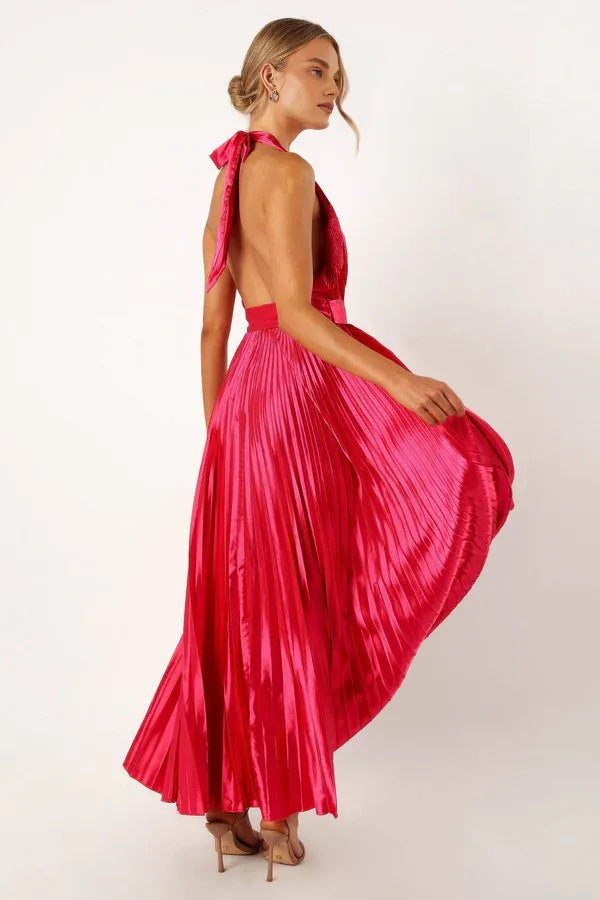 Refined Beautiful Timeless Elegant Red Satin A-Line Halter Sleeveless Floor-Length Prom Dress