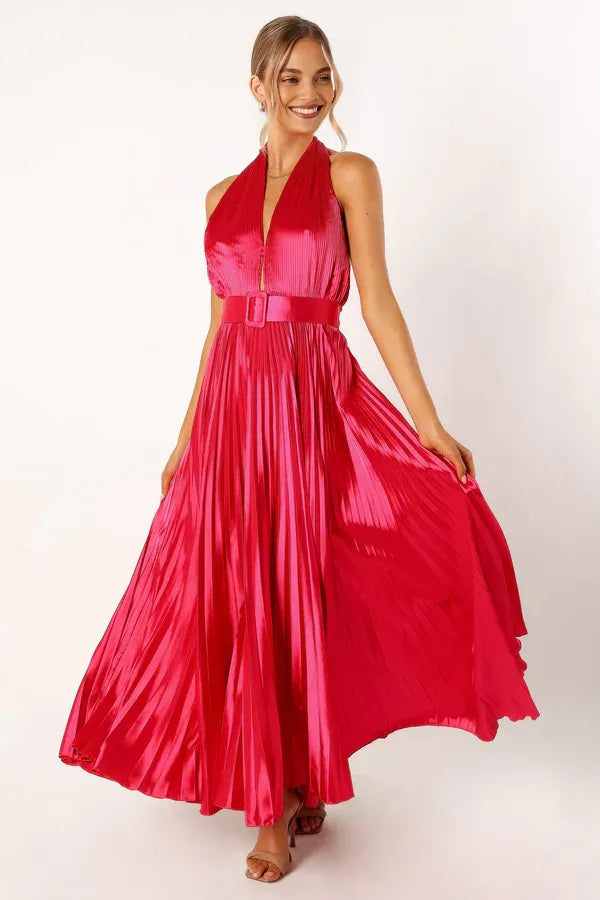 Refined Beautiful Timeless Elegant Red Satin A-Line Halter Sleeveless Floor-Length Prom Dress