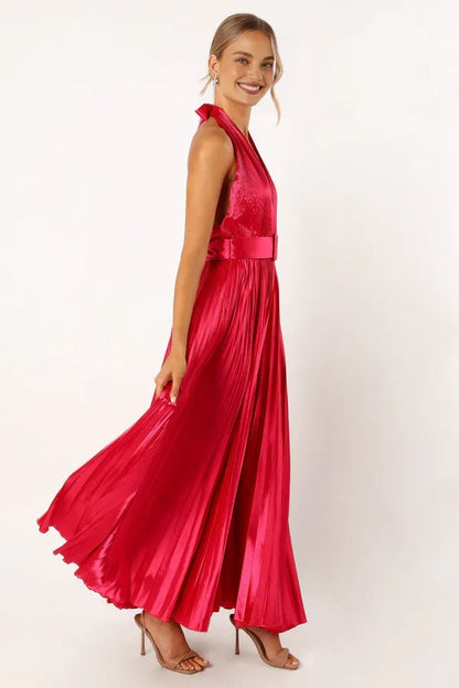 Refined Beautiful Timeless Elegant Red Satin A-Line Halter Sleeveless Floor-Length Prom Dress