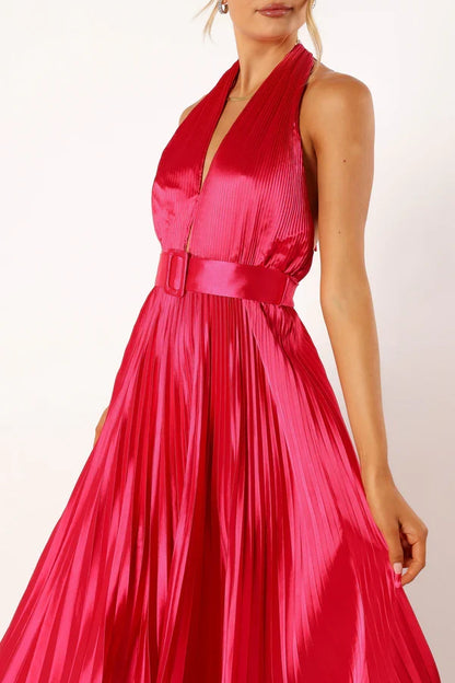 Refined Beautiful Timeless Elegant Red Satin A-Line Halter Sleeveless Floor-Length Prom Dress