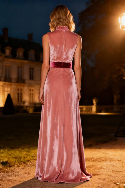 Sophisticated Graceful Stylish Elegant Burgundy Velvet A-Line High Neck Sleeveless Prom Dress
