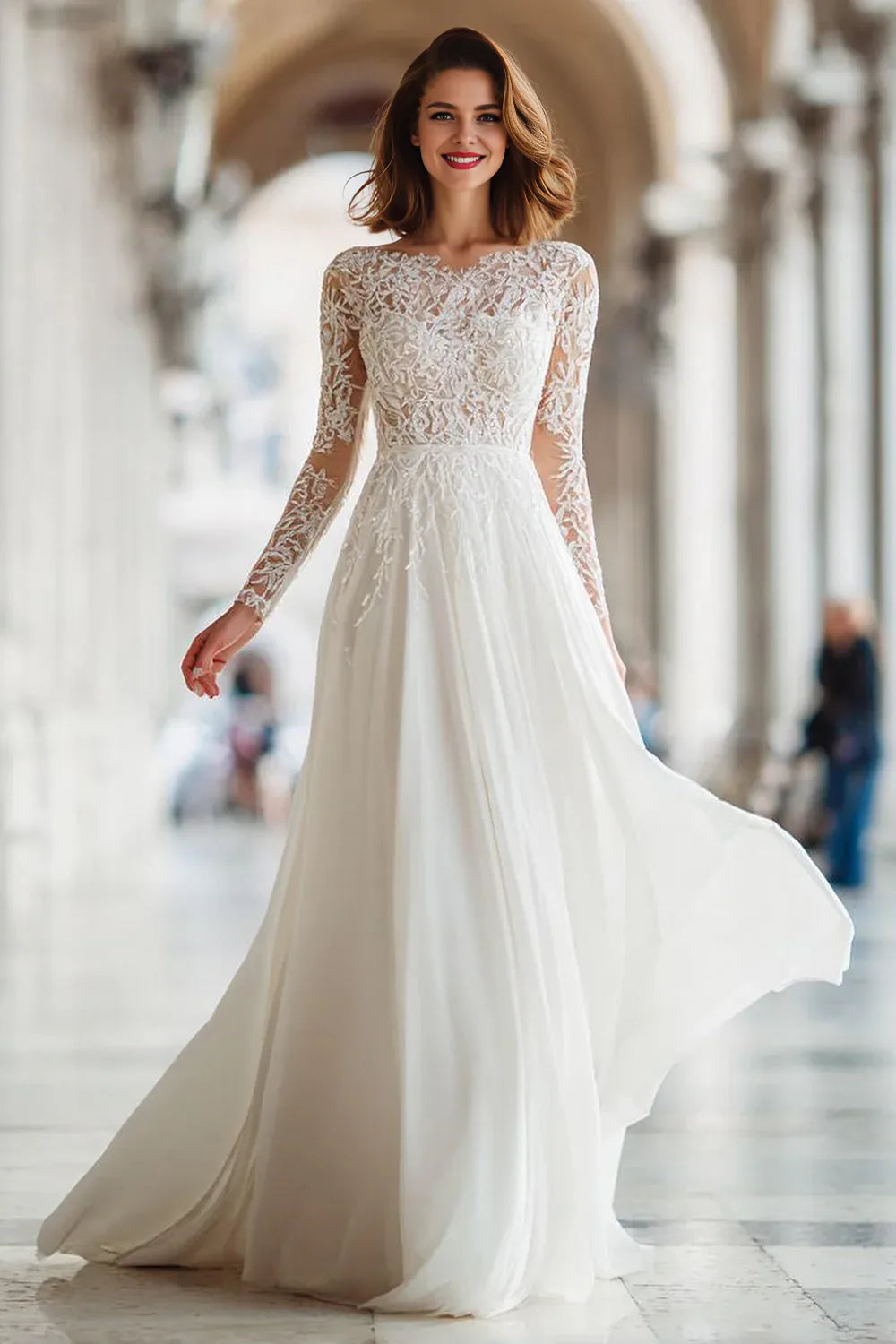 Special Occasion Sophisticated Graceful Elegant Lace A-Line Illusion Long Sleeve Floor-Length Wedding Dress
